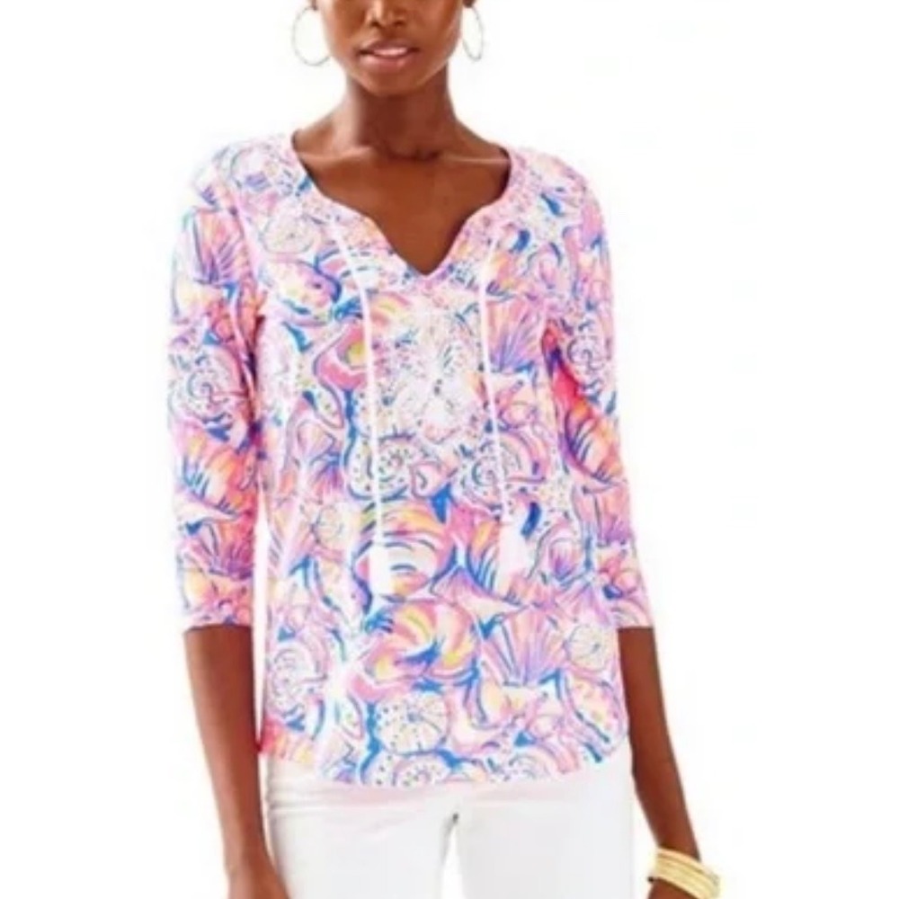 Lilly Pulitzer Seashell Lace Trim Tunic Top 3/4 Sleeve Pink‎ Blue S